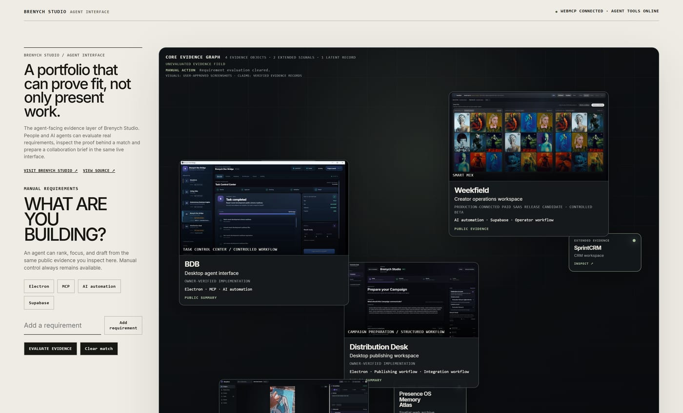 The interface before evaluation. The core evidence graph is marked as an unevaluated evidence field, with project cards for a creator operations workspace, a desktop agent interface, a desktop publishing workspace and further extended evidence records.